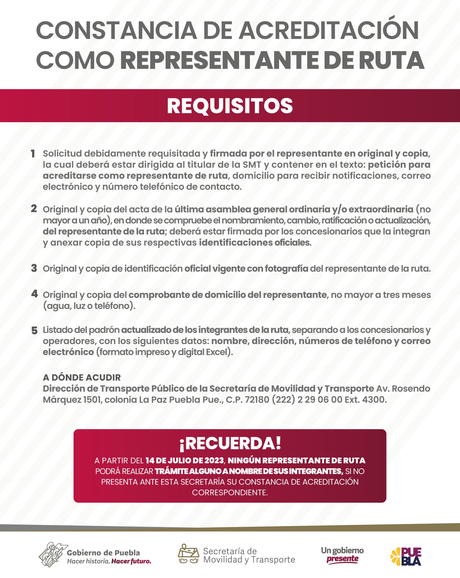 Convoca SMT a representantes de ruta a tramitar “Constancia de Acreditación”