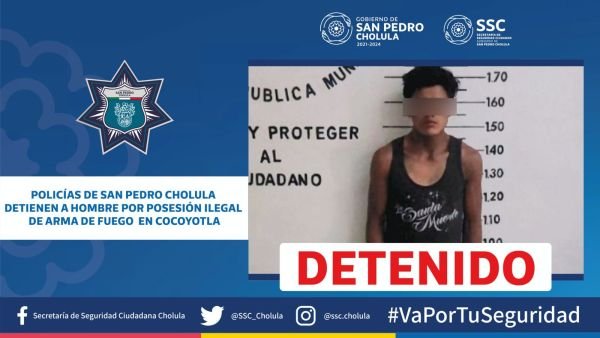 POLICÍAS DE SAN PEDRO CHOLULA DETIENEN A HOMBRE POR POSESIÓN ILEGAL DE ARMA DE FUEGO EN COCOYOTLA