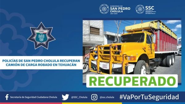 POLICÍAS DE SAN PEDRO CHOLULA RECUPERAN CAMIÓN DE CARGA ROBADO EN TEHUACÁN