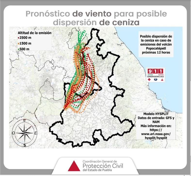 Pronóstico de viento para posible dispersión de ceniza
