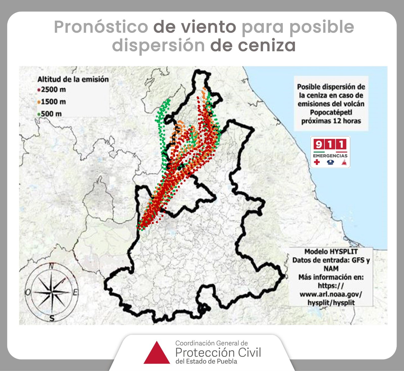 Pronóstico de viento para posible dispersión de ceniza