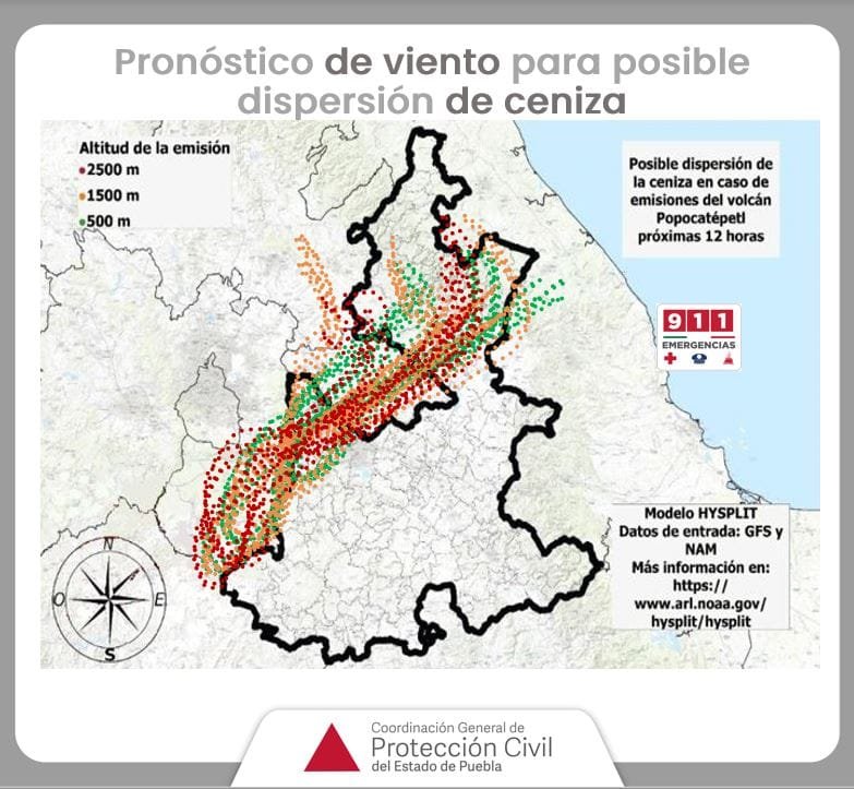 Pronóstico de viento para posible dispersión de ceniza