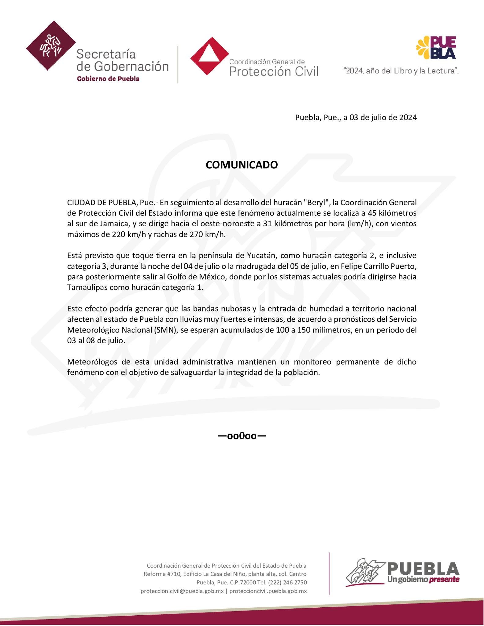 COMUNICADO DE PROTECCIÓN CIVIL