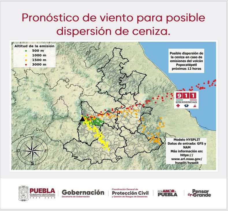 Modelo HYSPLIT indica que la ceniza, en caso de emisiones del volcán Popocatépetl, podría dirigirse al este-noreste y sureste: