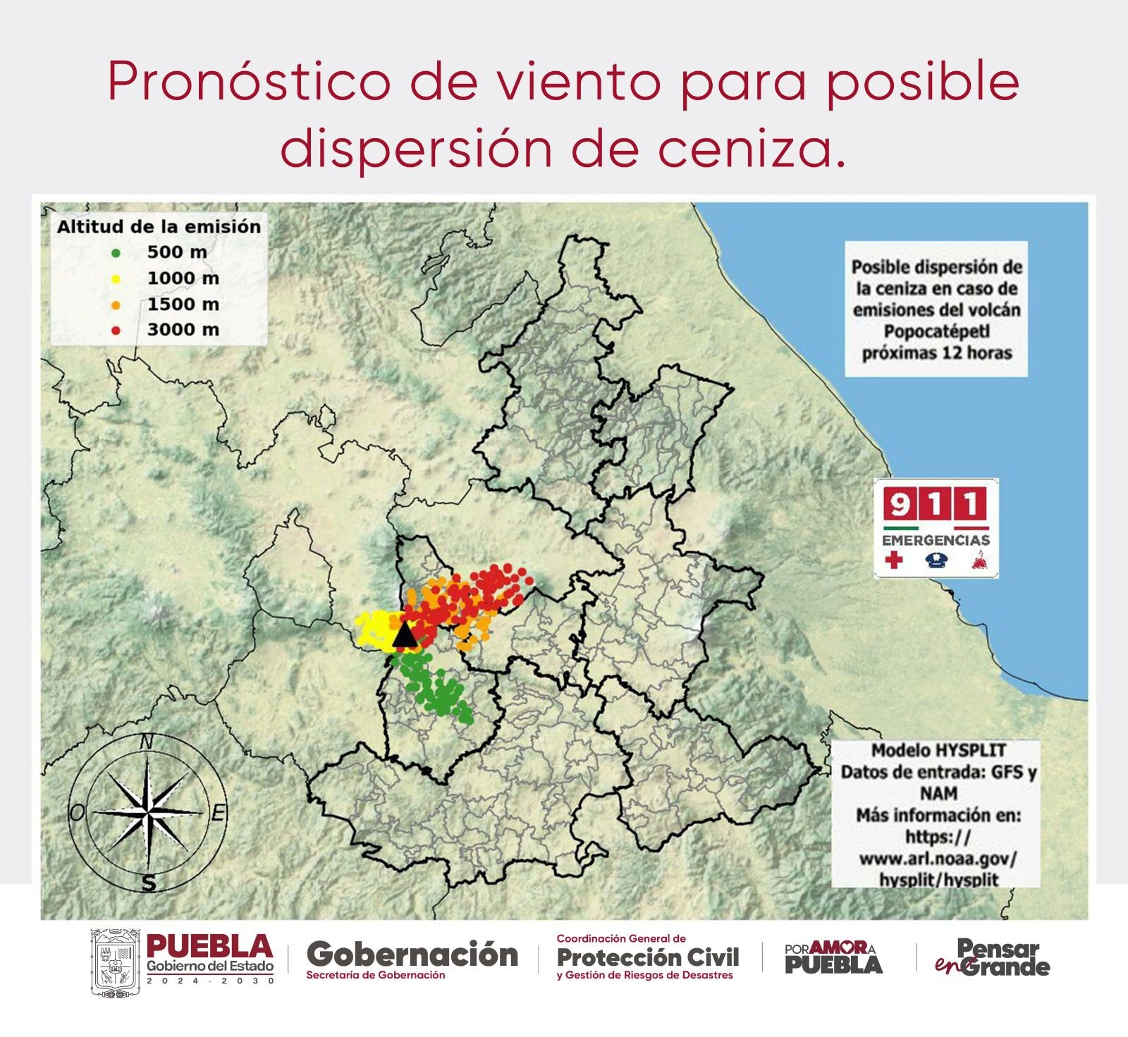 Pronóstico de viento para posible dispersión de ceniza en caso de emisiones del volcán Popocatépetl.
