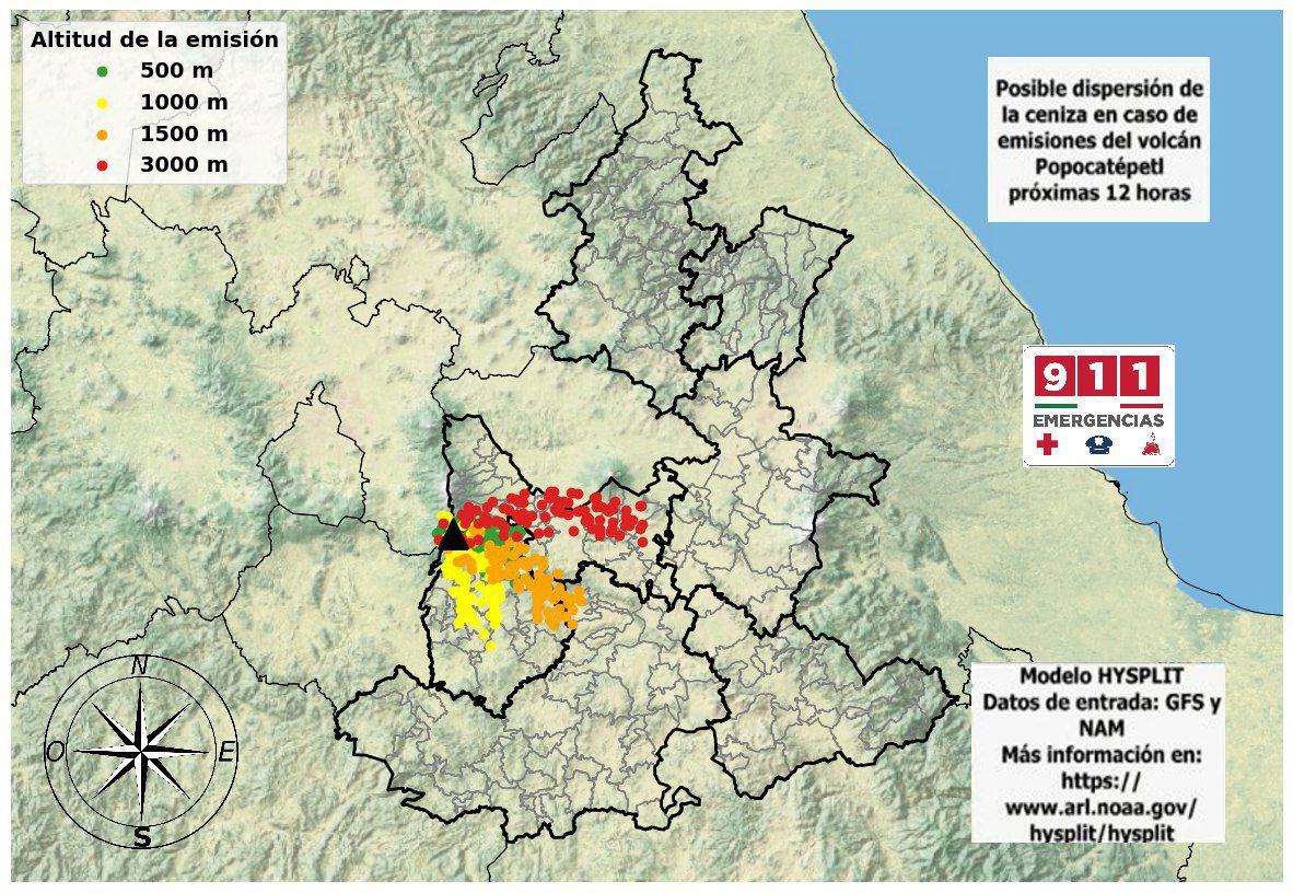 Pronóstico de viento para posible dispersión de ceniza en caso de emisiones del volcán Popocatépetl, podría dirigirse al este y sureste, regiones de: