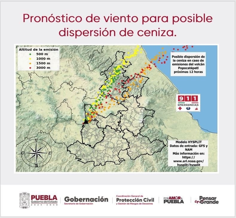 Pronóstico de viento para posible dispersión de ceniza en caso de emisiones del volcán Popocatépetl.