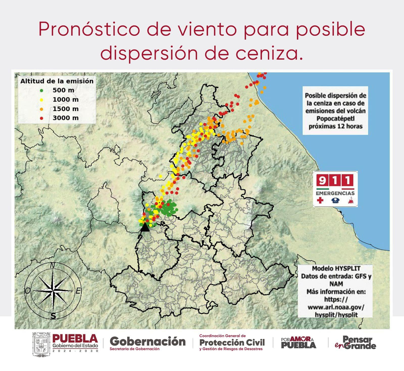 Pronóstico de viento para posible dispersión de ceniza en caso de emisiones del volcán Popocatépetl, podría dirigirse al noreste