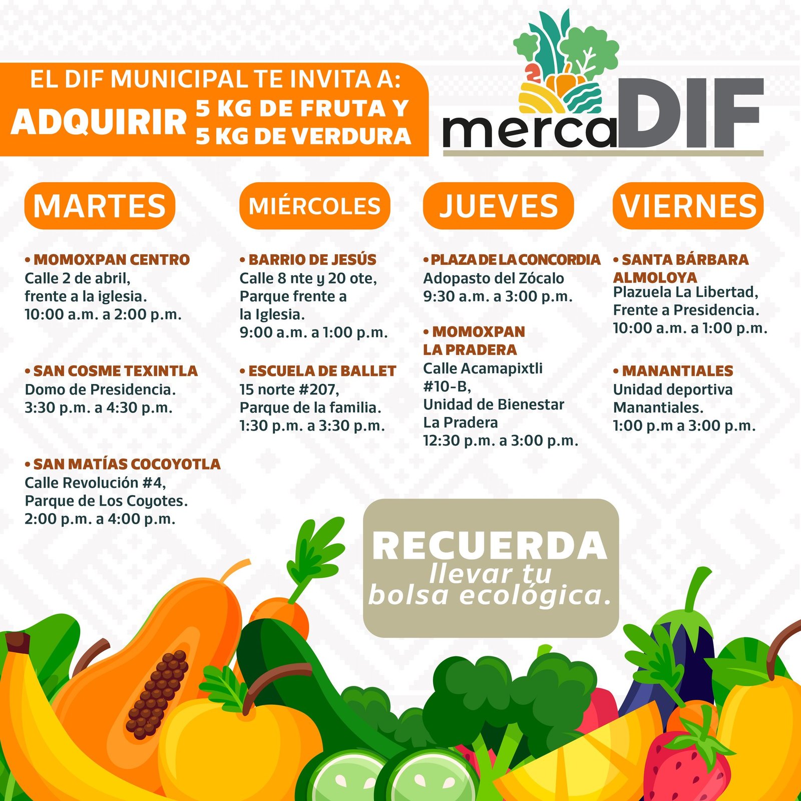 En #DIF pensamos en tu economía, por eso en te recordamos que en #MercaDIF puedes adquirir 5kg de fruta y 5kg de verdura a un precio accesible.