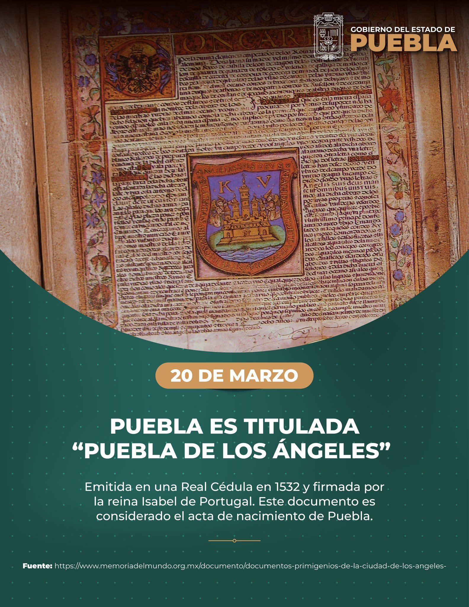 Hoy conmemoramos que en 1532, la ciudad fue oficialmente nombrada Puebla de los Ángeles.