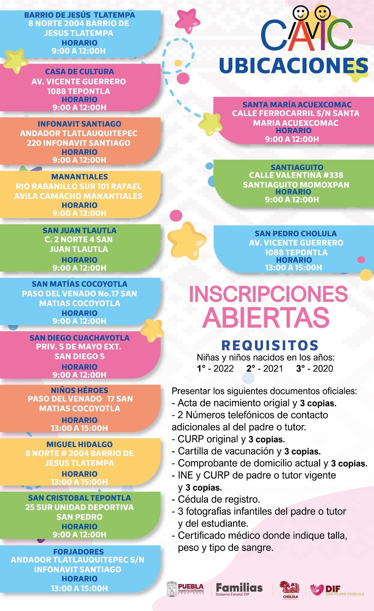 ¡Inscripciones abiertas en los CAIC’s de San Pedro Cholula!